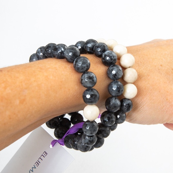 Set of 3 Labradorite beaded stretch bracelets black & cream by Ellei Madison L - Picture 6 of 14